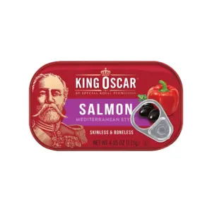 King Oscar Skinless and Boneless Premium Salmon Inch Olive Oil | Mediterranean Style | 4.05 Ounce | Single