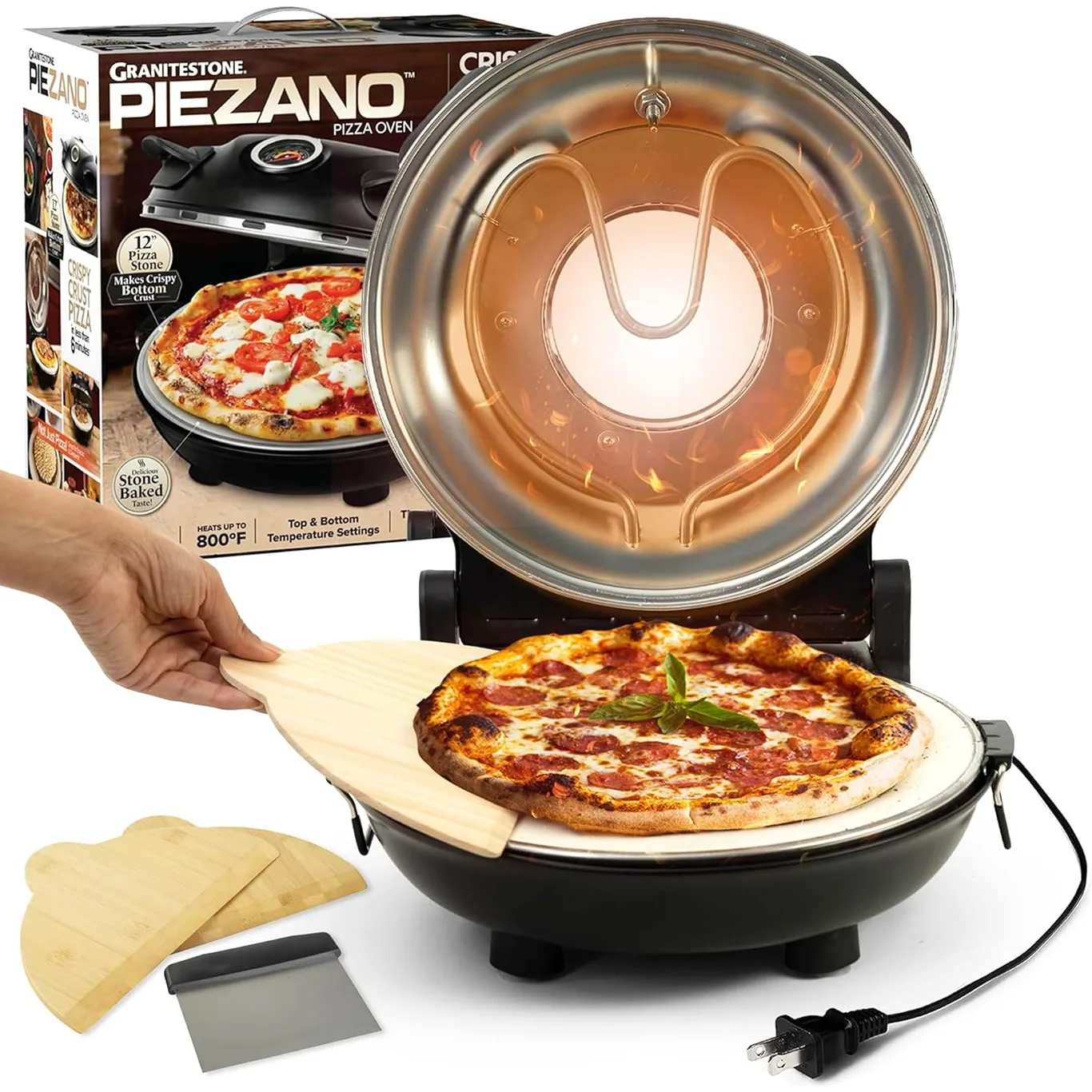 Granitestone Piezano Crispy Crust Pizza Oven – 12 Inch Electric Pizza Oven Indoor Countertop Maker with Ceramic Stone Heats up to 800˚F for Stone Baked Pizzeria Style at Home As Seen on TV Product | Black