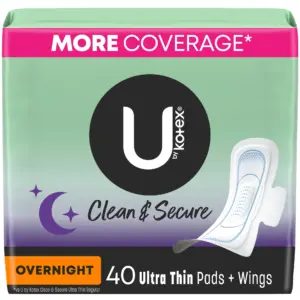 U by Kotex Clean and Secure Ultra Thin Overnight Pads with Wings | 40 Ct- Pack of 4