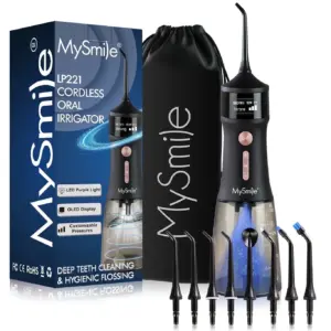 MySmile LP221 OLED Cordless Water Flosser with UVC Sterilizer Light | Portable Oral Irrigator Electric Dental Flosser Picks for Teeth Cleaning | Braces | Gums | 4 Modes | 8 Jet Tips | Travel Bag | Black | LP221 Black w/ UV Light