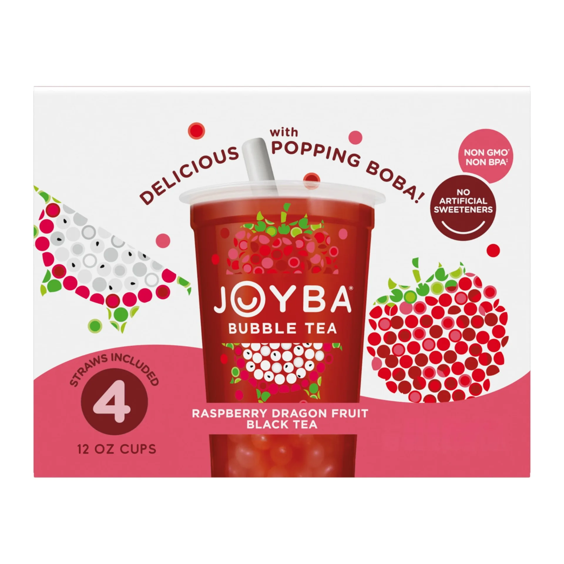 Joyba Raspberry Dragonfruit Black Tea Bubble Tea | 12 fl Ounce Cup (Pack of 4) | Raspberry Dragonfruit