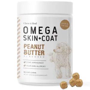 Chew + Heal | 180 Premium Soft Chew Omega Treats for Skin & Coat | Peanut Butter Flavor | Omega 3 | 6 | & 9 | Salmon Oil Chews