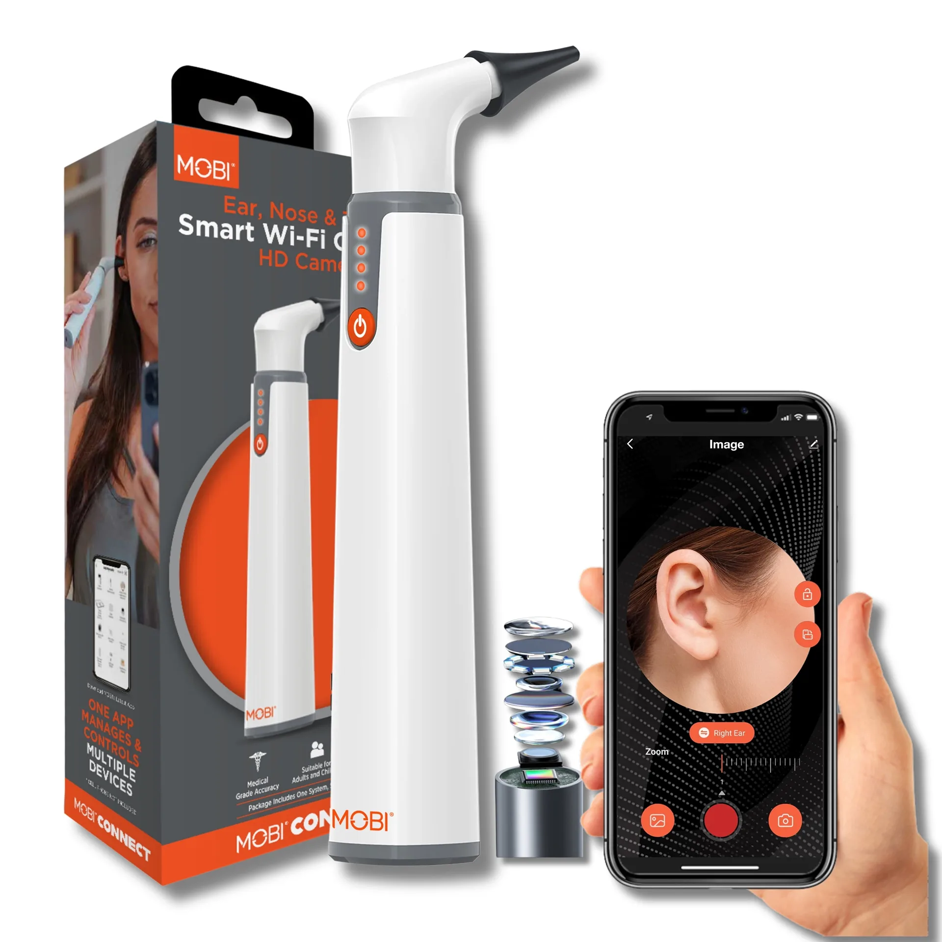 MOBI Wi-Fi Otoscope for Ears | Nose and Throat | 1080P HD Lens | Multi-Axis Gyroscope | 6 LED Lights | 90+ Min Use | with 13 Ear Speculums | Suitable for Adults and Children