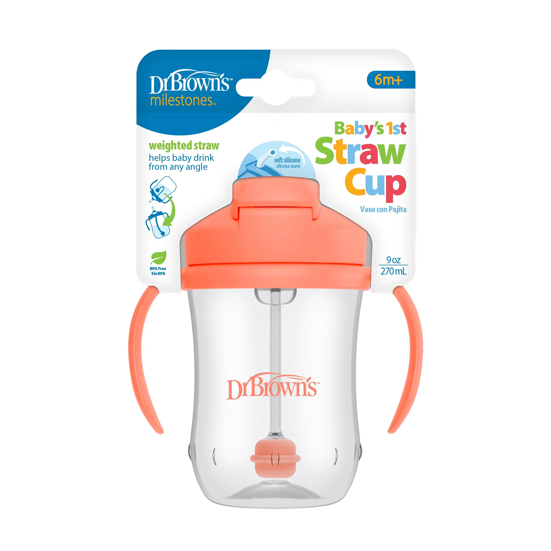 Dr. Brown's Milestones Baby’s First Straw Cup | Training Cup with Weighted Straw | Coral | 6m+ | Single