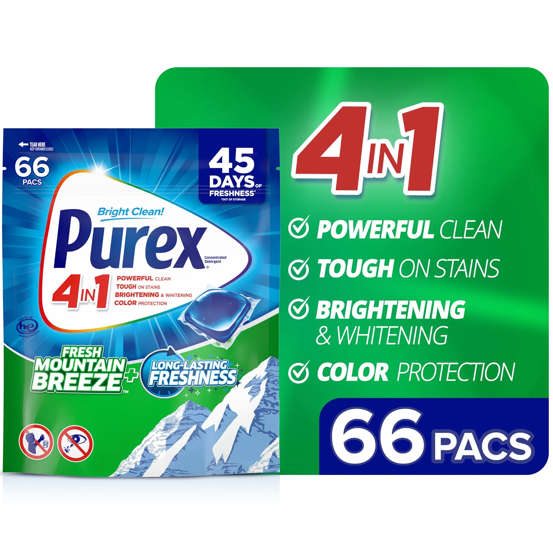 Purex 4-Inch-1 Laundry Detergent Pacs | Fresh Mountain Breeze | 66 Pacs | 30.2 Ounce