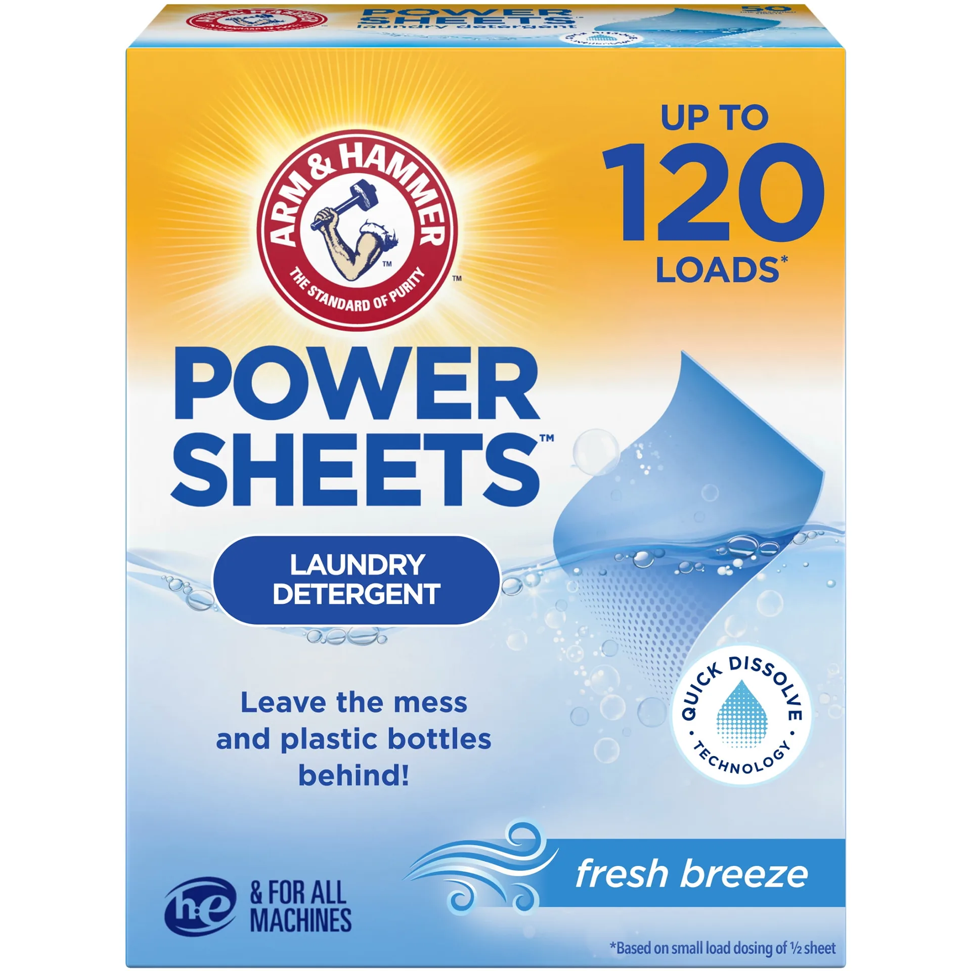 ARM and HAMMER Power Sheets Laundry Detergent | Fresh Breeze | 60 Count | Up to 120 Small Loads