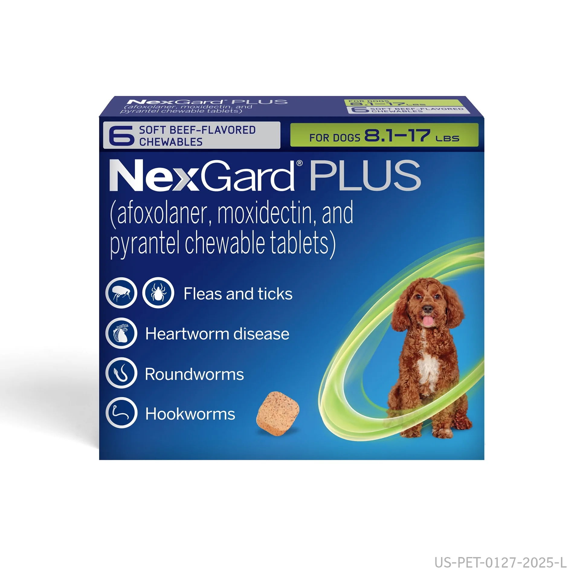 NexGard Plus Flea | Tick and Heartworm Chewable for Dogs 8.1-17 lbs | Beef Flavor | Green Box