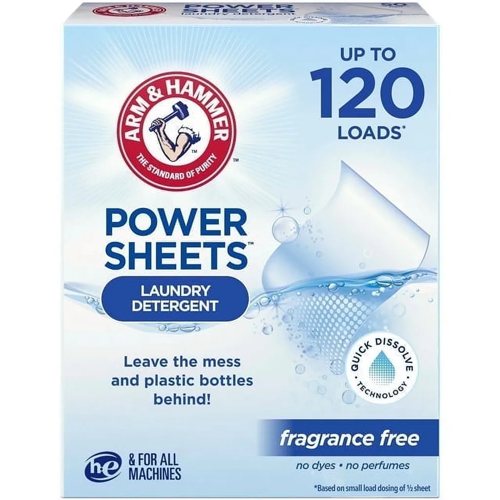 ARM and HAMMER Power Sheets Laundry Detergent | Fragrance Free 60 ct | up to 120 small loads