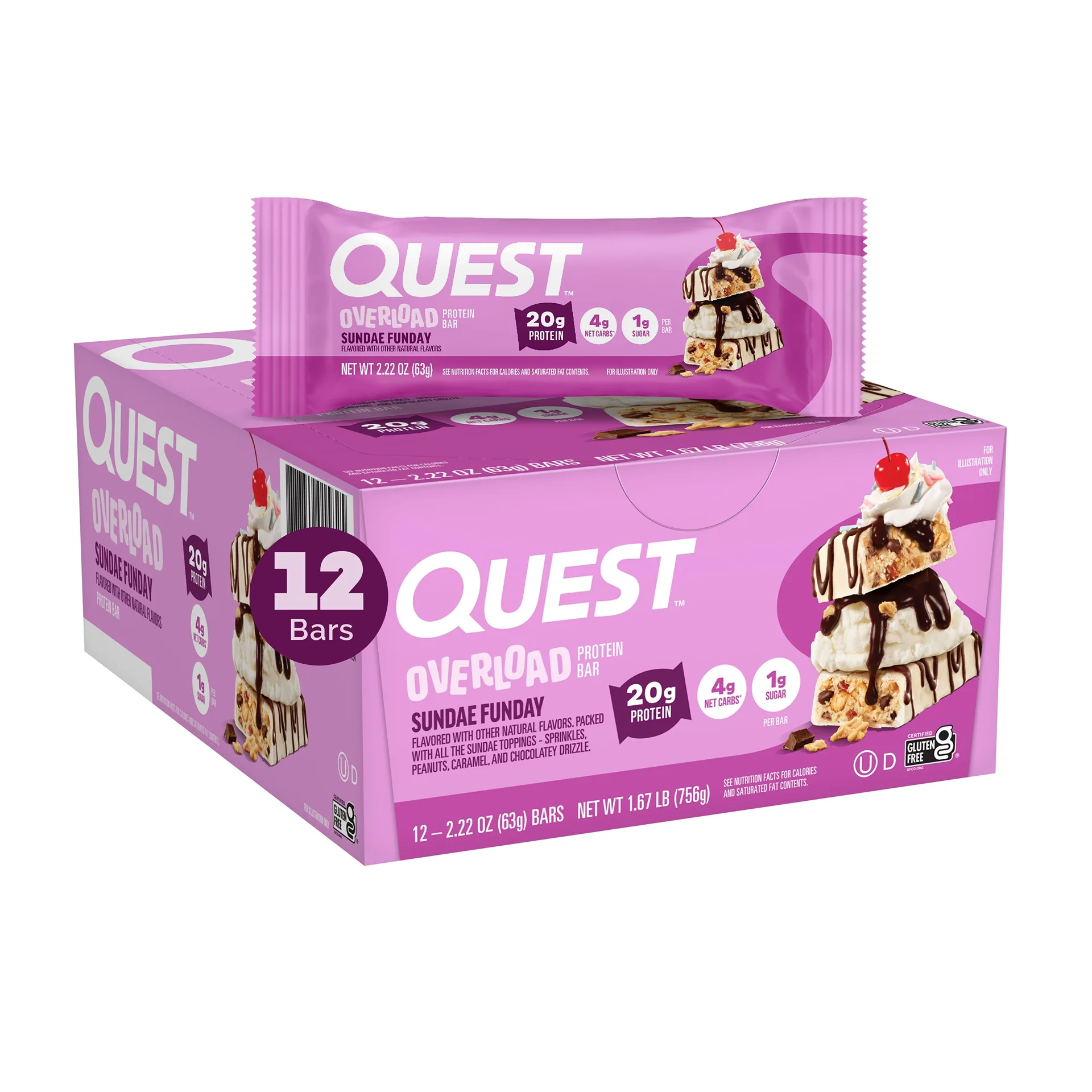 Quest Overload Protein Bar | Sundae Funday Flavor | Gluten Free | 20g Protein | 12 Count