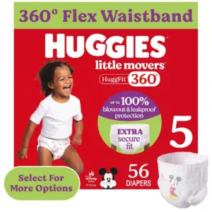 Huggies Little Movers HuggFit 360° Baby Diapers with 360° Waistband | Size 5 (27+ lbs) | 56 Count (Select for More)