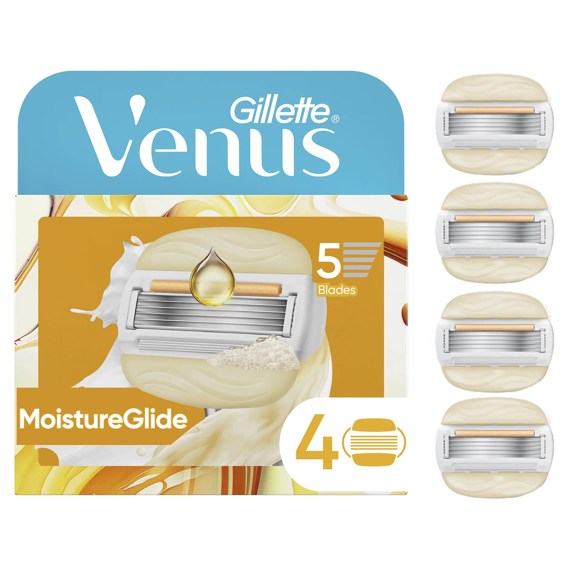 Venus MoistureGlide Women's Razor Blade Refills with Built-Inch Shave Gel Bars | 4 Count