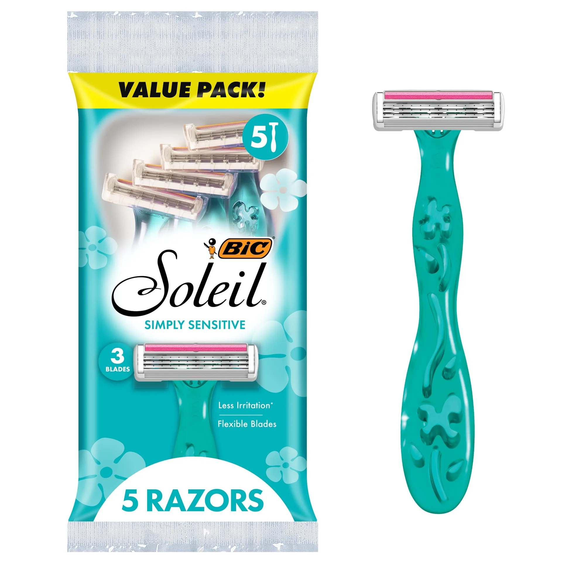 BIC Soleil Simply Sensitive Women's Disposable 3 Blade Razors | 5-Pack of Manual Shaving Razors | 1 Count (Pack of 5)