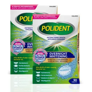 Polident Overnight Whitening Antibacterial Dental Appliance Cleanser Tablets | 90 Count (2 Pack)