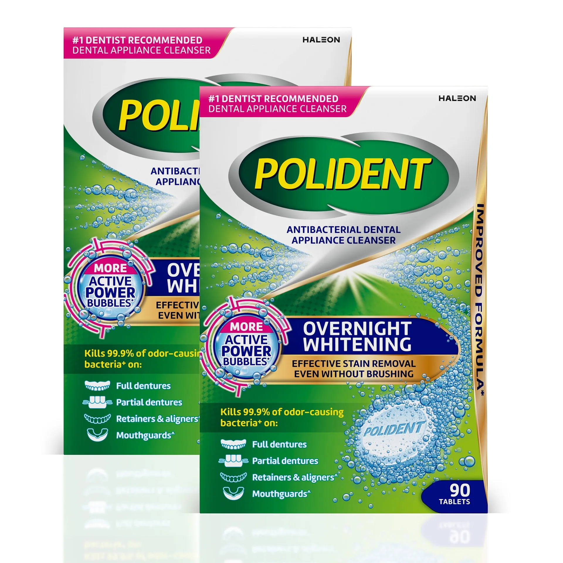 Polident Overnight Whitening Antibacterial Dental Appliance Cleanser Tablets | 90 Count (2 Pack)