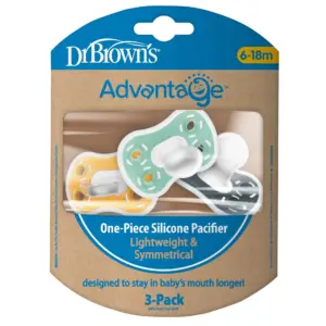 Dr. Brown's Advantage One-Piece Silicone Baby Pacifier | Fully Symmetrical | Gray/Green/Yellow | 6-18M | 3 Pack