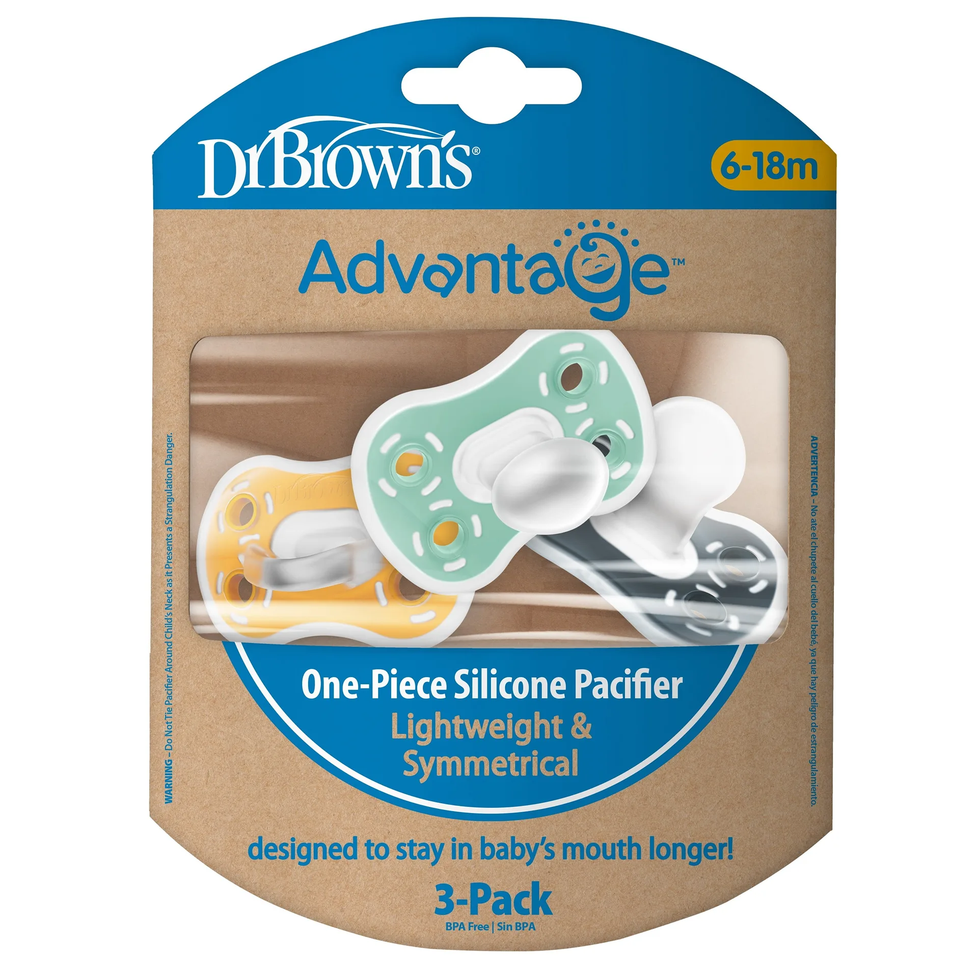 Dr. Brown's Advantage One-Piece Silicone Baby Pacifier | Fully Symmetrical | Gray/Green/Yellow | 6-18M | 3 Pack