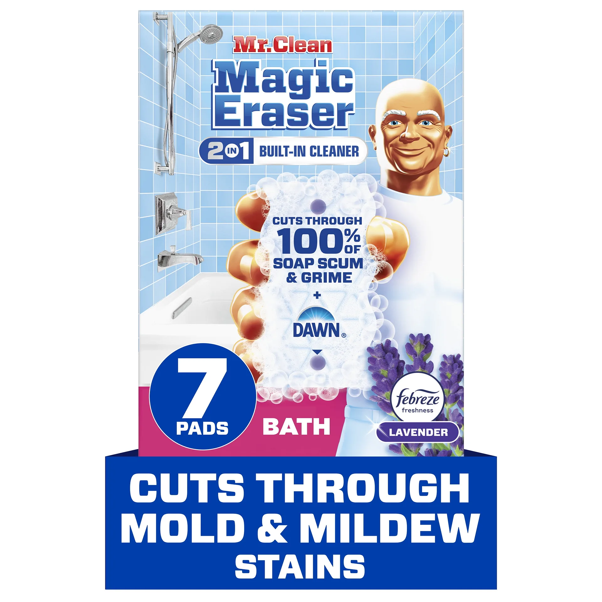 Mr. Clean Magic Eraser Sponge | Bathroom Cleaner | Soap Scum Shower and Tub Cleaner | 2 Inch 1 Bath | Lavender | 7 Count