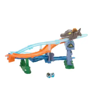 Hot Wheels RacerVerse Jurassic World Crash and Splash Track Set and Die-Cast Dinosaur Toy Car