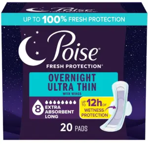 Poise Overnight Ultra Thin Incontinence Pads with Wings | 8 Drop Extra Absorbent | 20 Count