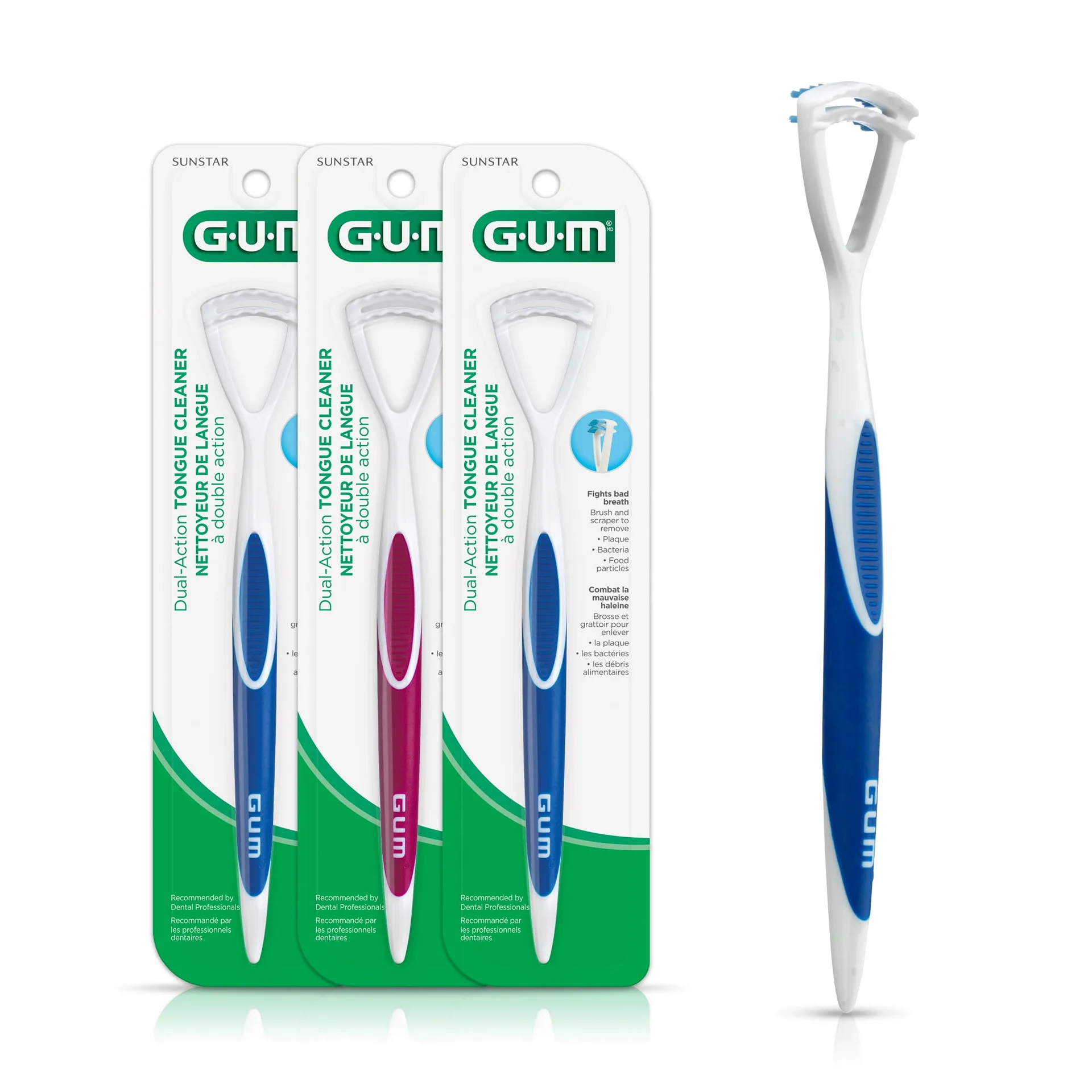GUM Tongue Cleaner | Dual A Countion Soft Bristled Tongue Brush with Tongue Scraper (3pk)