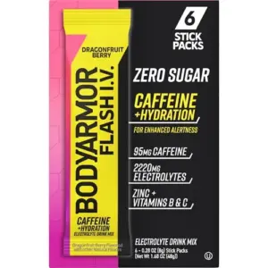 BODYARMOR Caffeine Flash IV Dragonfruit Berry flavored Electrolyte Mix | 0.28 Ounce Pouches | 6 Pack