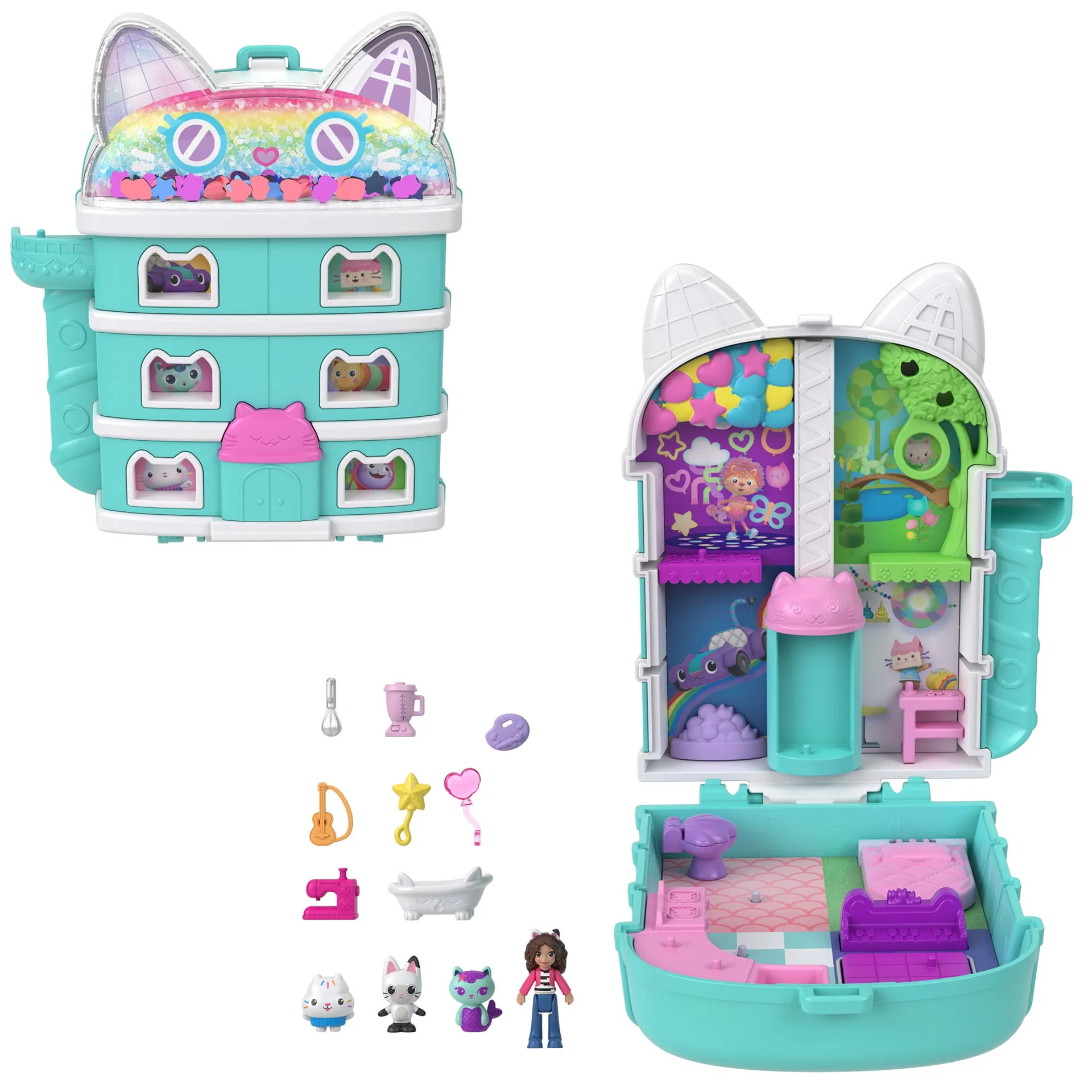Polly Pocket Micro Dolls and Playset | Gabbys Dollhouse Compact with 9 Accessories and Pet Cat Friends