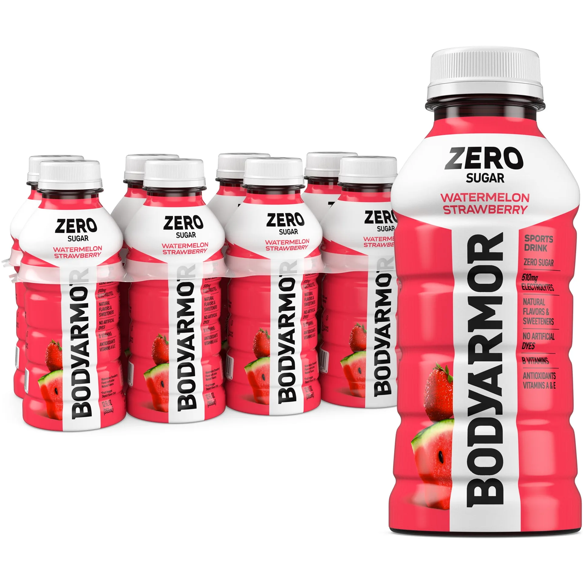 BODYARMOR Zero Sugar Watermelon Strawberry Electrolyte Sports Drink | 12 fl Ounce | 8 Pack Bottles