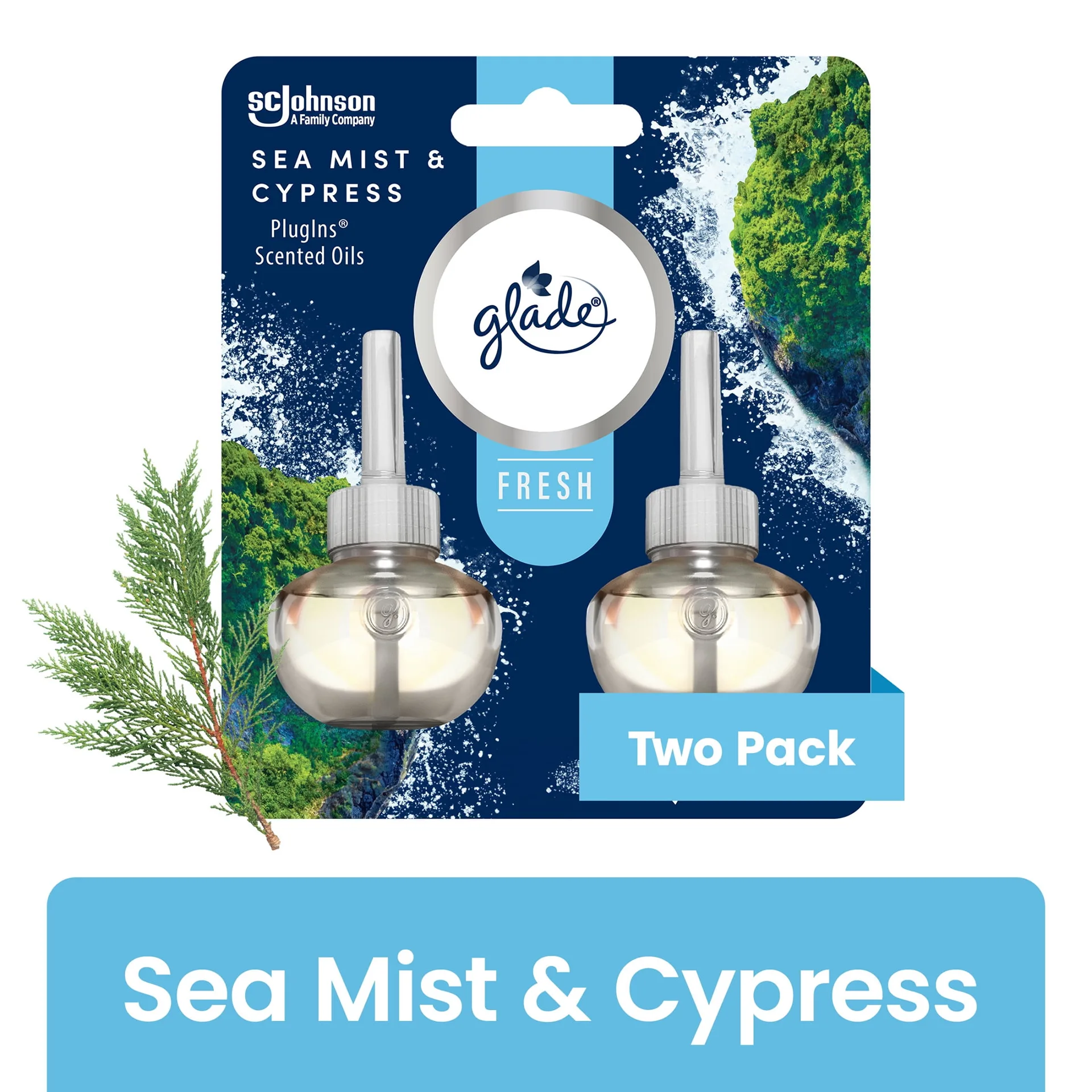 Glade PlugIns Scented Oils Air Freshener Refills | Sea Mist and Cypress | Fresh Collection | 0.67 fl Ounce Each | 2 Refills | 2 Pack