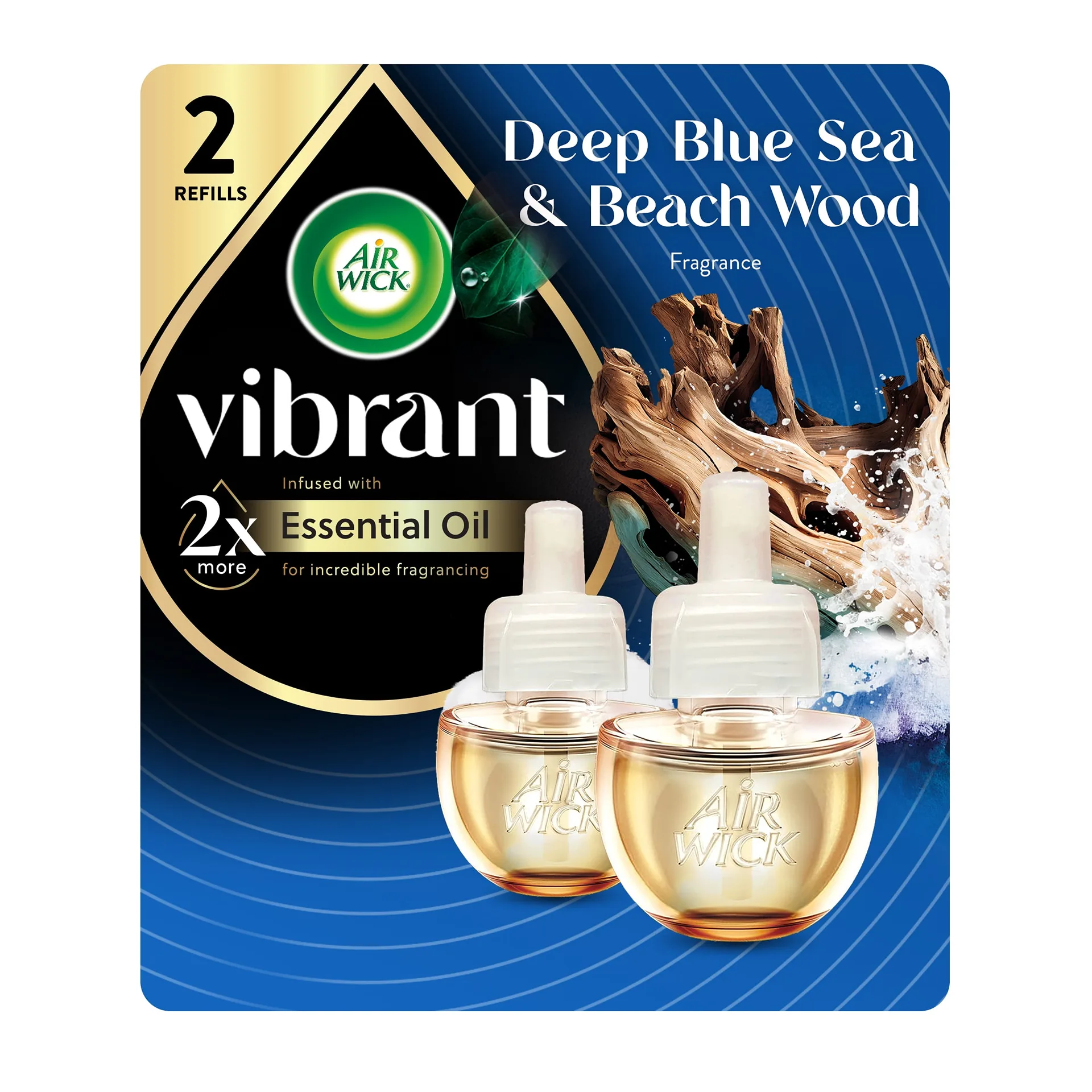 Air Wick Vibrant Plug-Inch Scented Oil Air Freshener Warmer Refills | Deep Blue Sea & Beach Wood | 2 Count