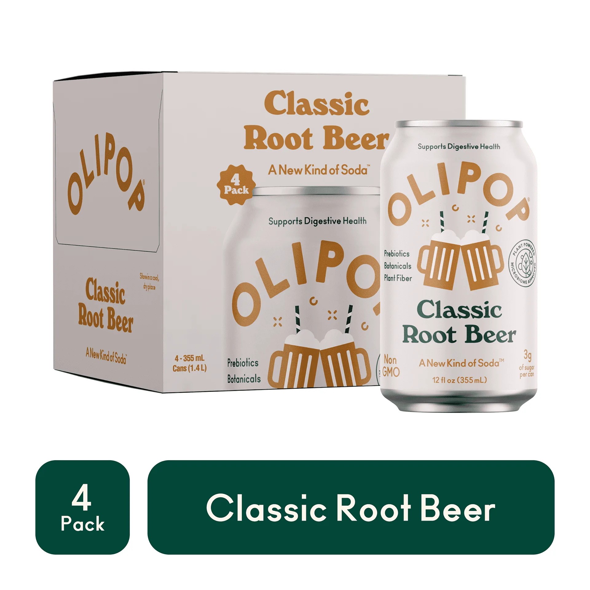 OLIPOP Prebiotic Soda | Classic Root Beer | 12 fl Ounce | 4 Pack | Pantry Packs | Single