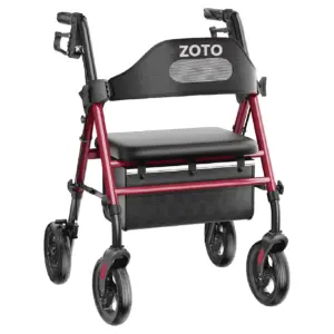 ZOTO Foldable Rollator Walker with Seat for Seniors | Height Adjustable Lightweight Rolling Walker with Sturdy Reinforced Carbon Steel Frame | Red (VR2-RD)