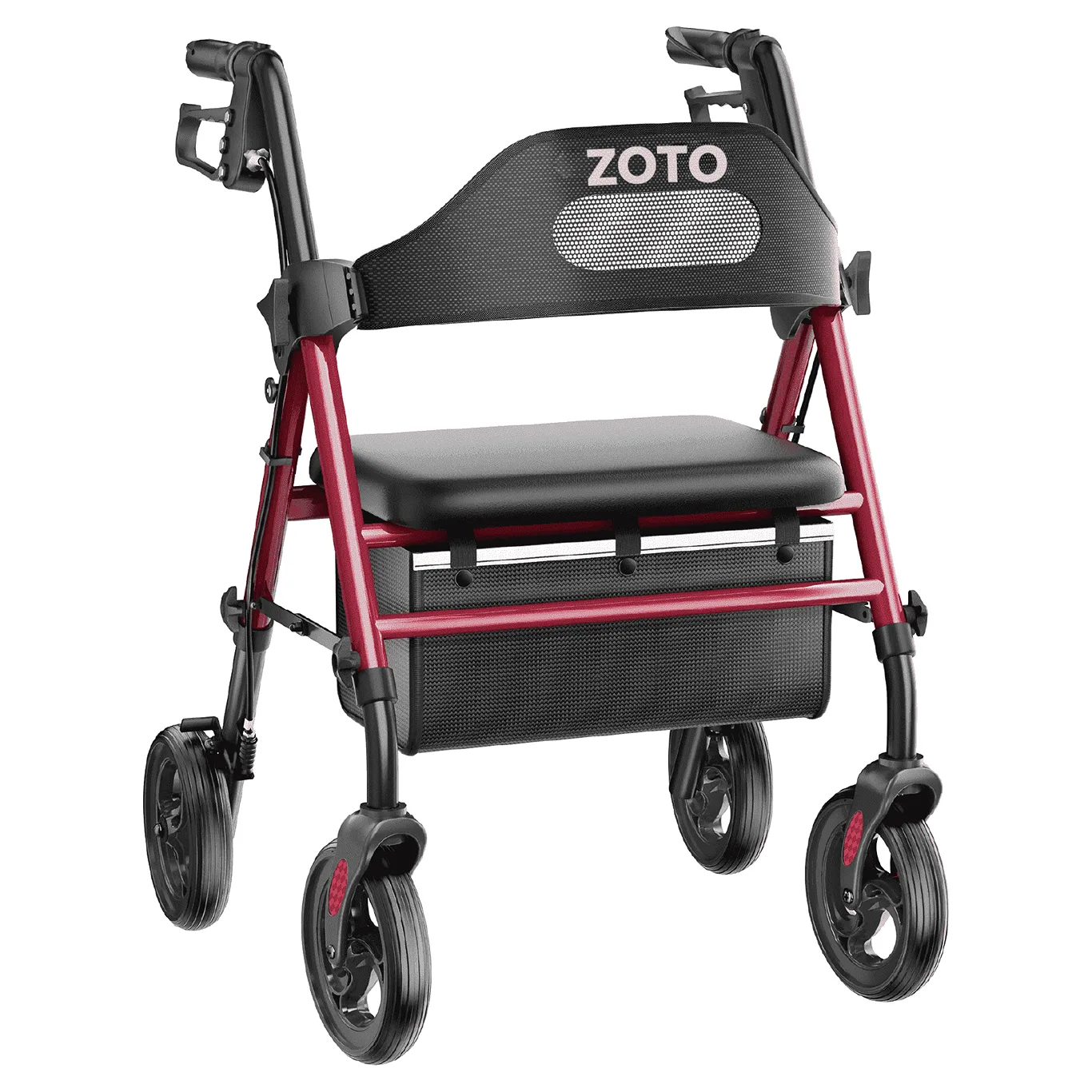 ZOTO Foldable Rollator Walker with Seat for Seniors | Height Adjustable Lightweight Rolling Walker with Sturdy Reinforced Carbon Steel Frame | Red (VR2-RD)