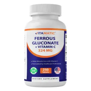 Vitamatic Ferrous Gluconate 324 mg + Vitamin C 100 mg | (65 mg Elemental Iron) High Potency Iron Supplement | No Artificial Color Additives | Gentle on Stomach | 250 Coated Tablets | Made Inch USA