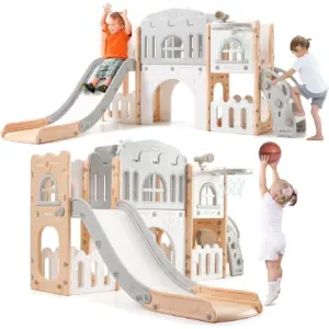 IHEX 8-Inch-1 Indoor Slide Toddler Playset for Ages 1-3 | Kids Outdoor & Indoor Playground with Basketball Hoop | Climber | Crawling Tunnel | Telescope | & Toy Storage | Gray+Pink