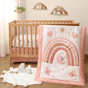 3 Piece Baby Crib Bedding Set for Girls | Newborn | Infant and Toddler Nursery Bed Set Decor with Fitted Crib Sheet | Dust Ruffle Comforter | Boho Rainbow