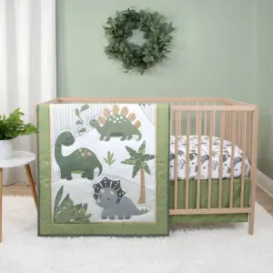 The Peanutshell Green Dinosaur Dreams Crib Bedding Set for Baby Boys | 3 Piece Nursery Set