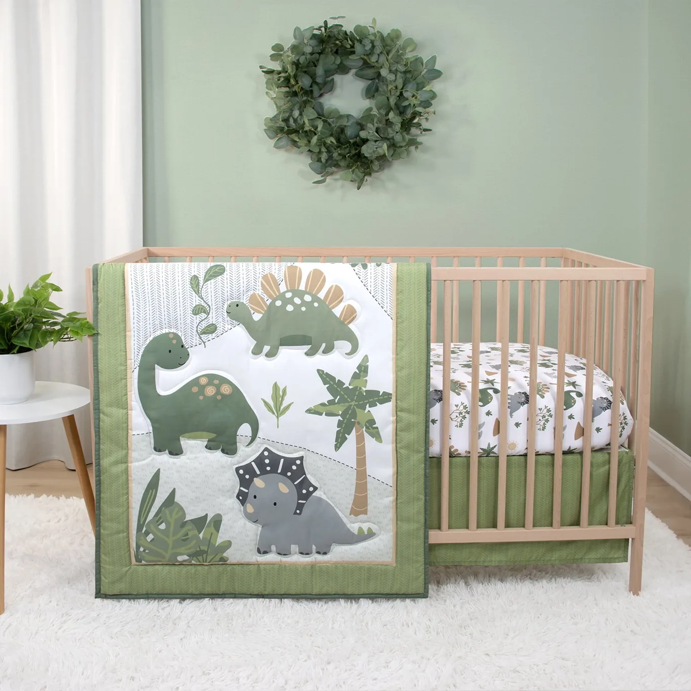 The Peanutshell Green Dinosaur Dreams Crib Bedding Set for Baby Boys | 3 Piece Nursery Set