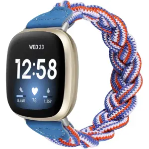 Wearlizer Elastic Band Compatible with Fitbit Sense 2/Sense/Versa 4/Versa 3 Watch Bands for Women | Slim Solo Loop Braided Strap Wristband Stretchy Woven Accessory | XS | Blue White Orange