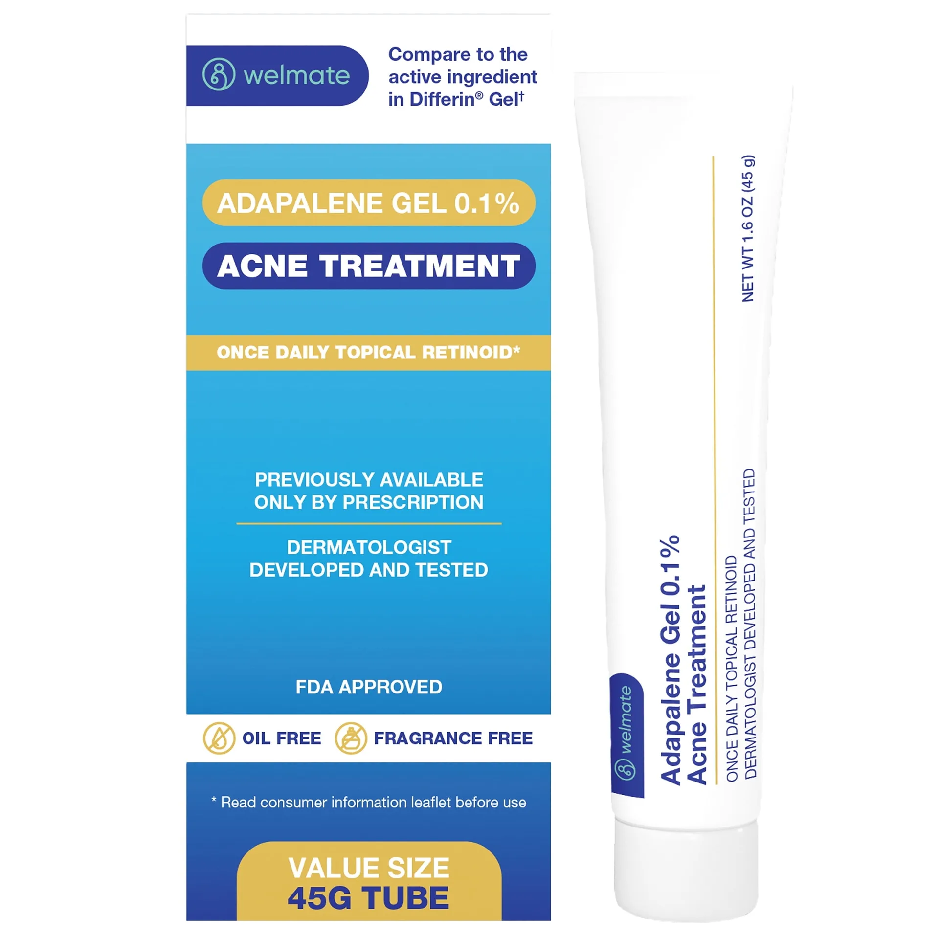 WELMATE Skin Care | 0.1% Adapalene Gel Daily Topical Acne Treatment | 1.6oz