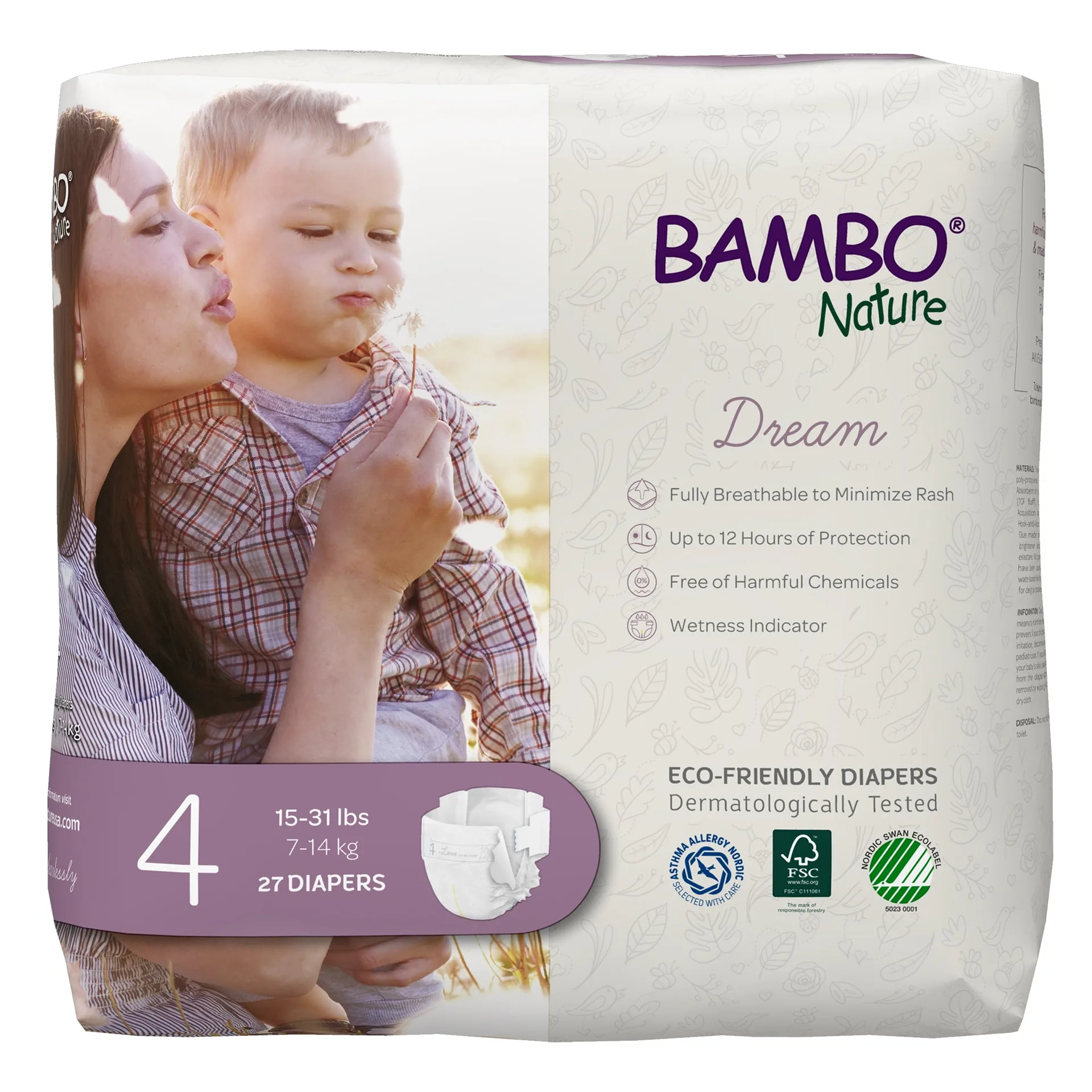 Bambo Nature Diapers | Disposable Baby Diapers | Skin-Friendly | Size 4 | 15-31 lbs | 27 Count | 1 Pack