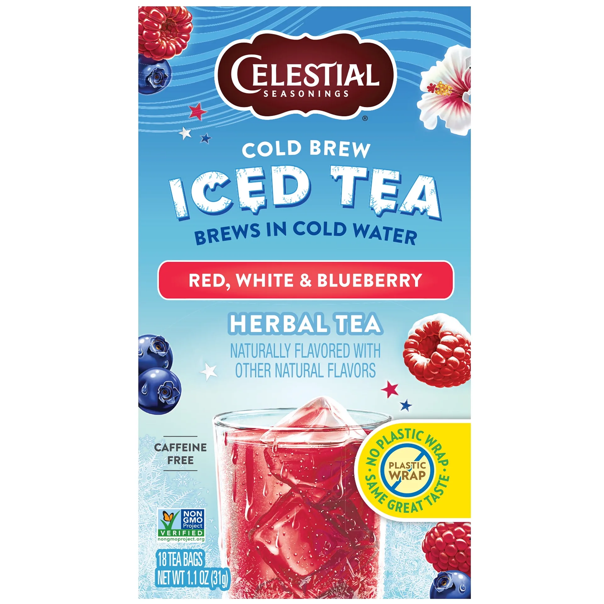 Celestial Seasonings Cold Brew Red White and Blueberry Iced Herbal Tea Bags | 18 Count