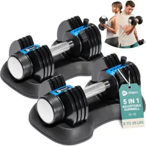 LifePro PowerFlow Plus Adjustable Dumbbell Set | 5in1 | 25 lb Each | Home Workout Equipment | 2 Pack with Rack