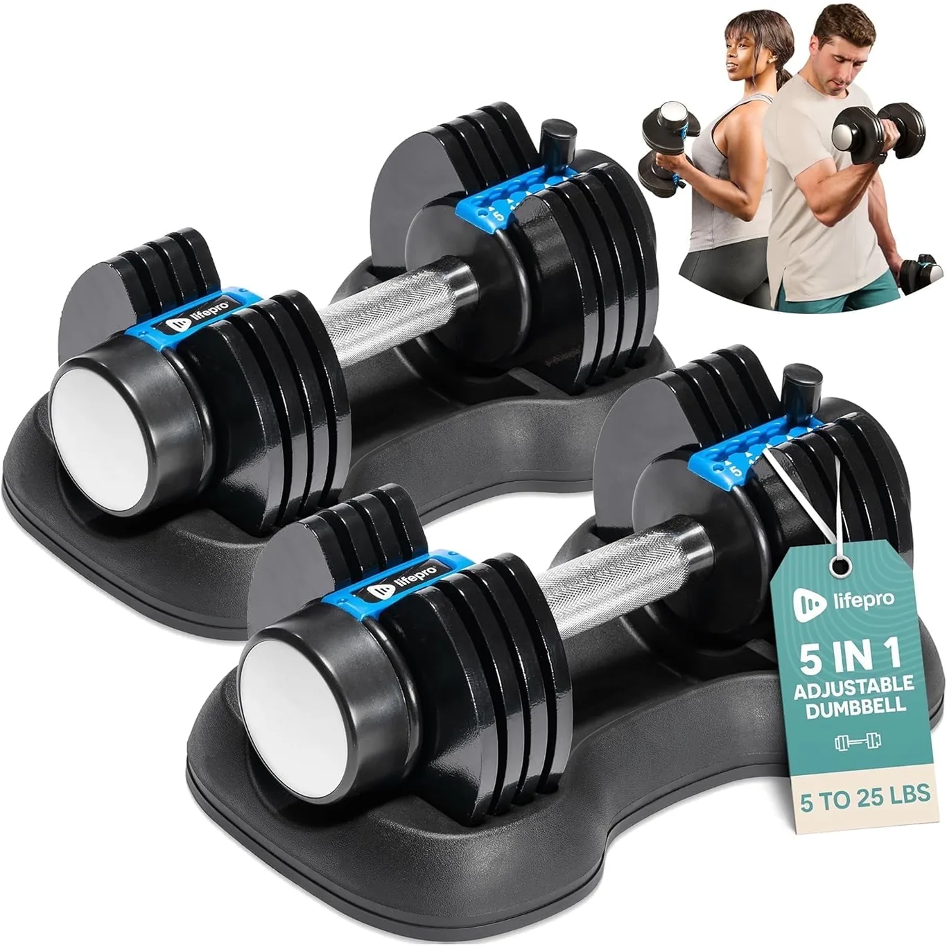 LifePro PowerFlow Plus Adjustable Dumbbell Set | 5in1 | 25 lb Each | Home Workout Equipment | 2 Pack with Rack