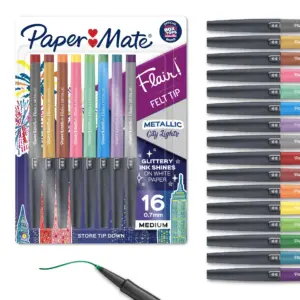 Paper Mate Flair Pens | Metallic Felt Tip Pens | City Lights | Glittery Ink Shines on White Paper | Assorted Colors | 16 Count
