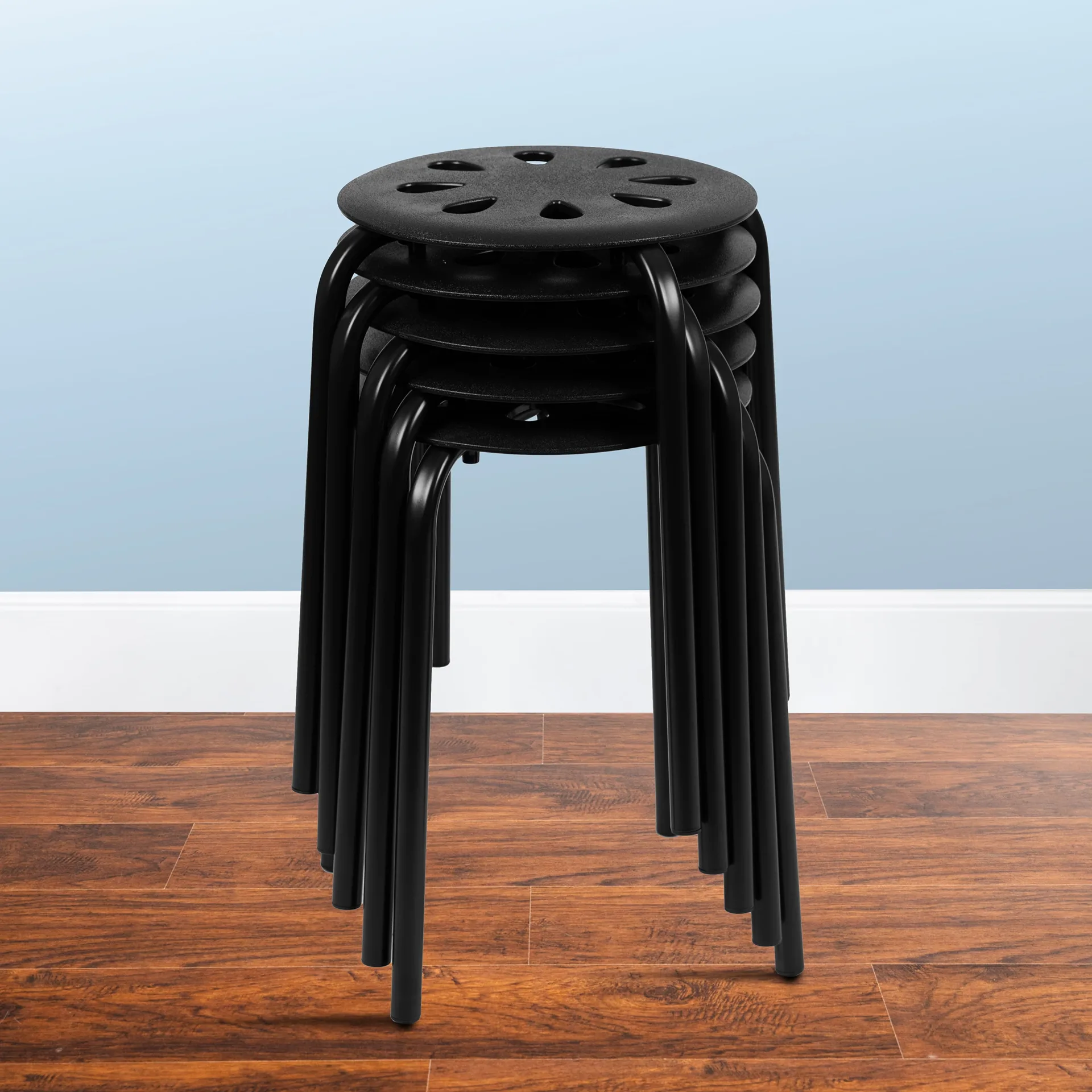 Emma + Oliver Plastic Nesting Stack Stools | School/Office/Home | 17.5Height | Black (5 Pack)