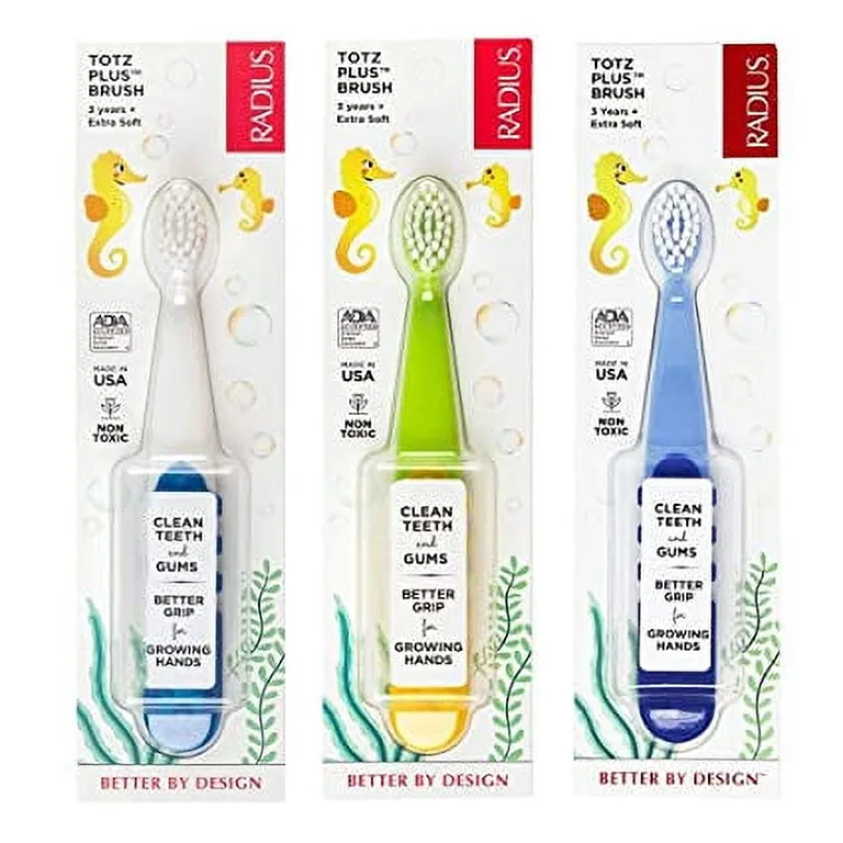 RADIUS Totz Plus Brush Kids Toothbrush Silky Soft BPA Free ADA Accepted Designed for Delicate Teeth and Gums for Children 3 Years and Up | Assorted | Pack of 3