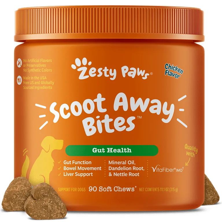 Zesty Paws Scoot Away Bites for Dogs | Digestive Support Functional Dog Supplement | Chicken Flavor | 90 Count Soft Chews