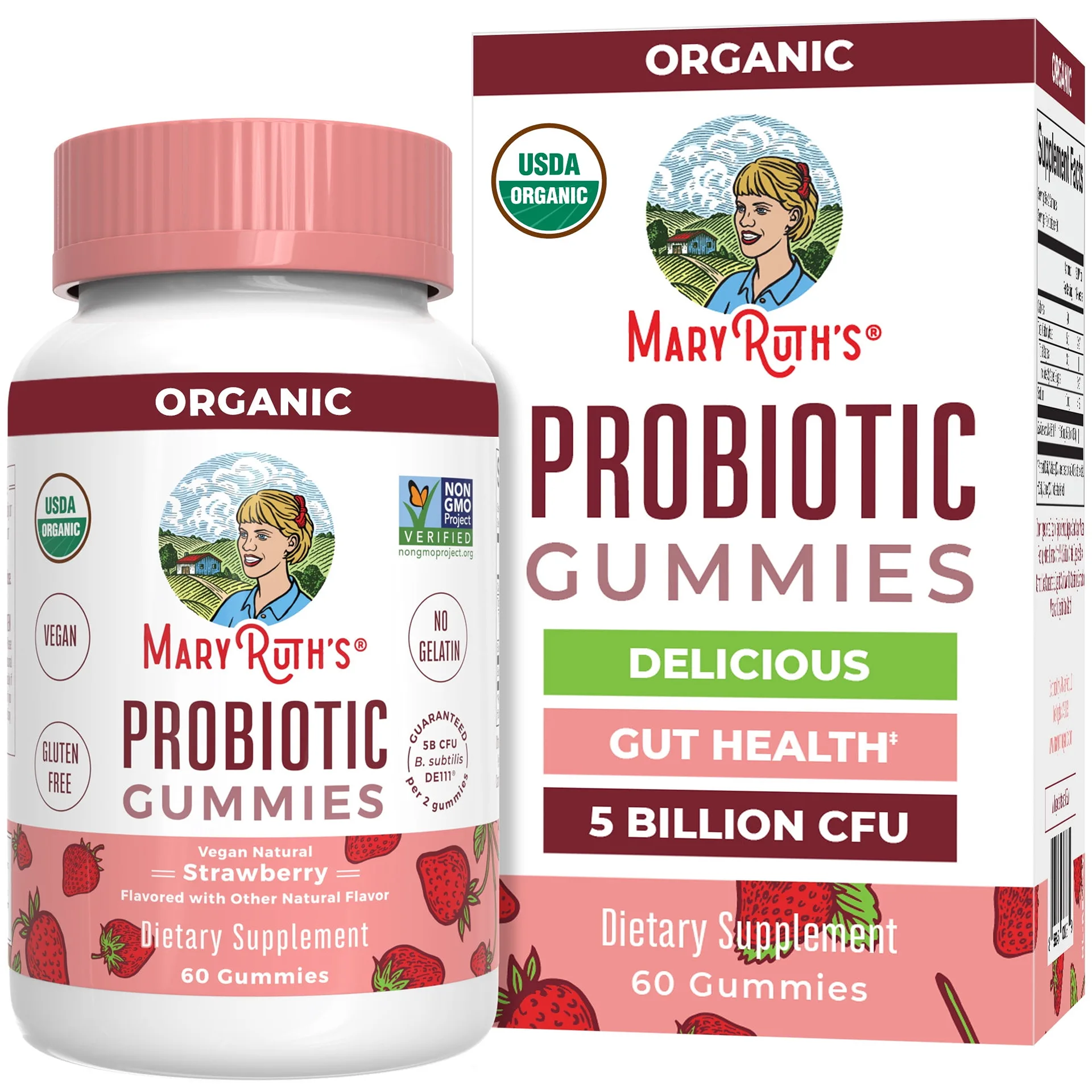 MaryRuth's | USDA Organic Adult Probiotic Gummies for Men and Women | 5 Billion CFU | Digestive and Gut Health Supplement | Strawberry | Vegan | Non-GMO | 60 Count
