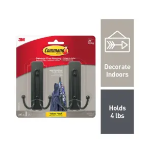 Command Large Double Wall Hooks | Black | Damage Free Decorating | 2 Hooks
