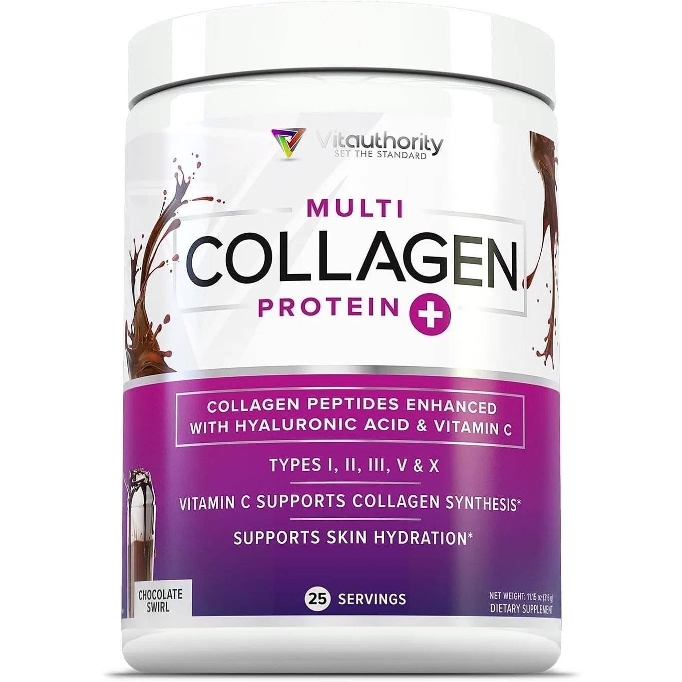 Vitauthority Multi Collagen Peptides Hydrolyzed Protein Powder with Hyaluronic acid and Vitamin C | Peach Mango | 11 Ounce | 25 Servings | 30 Servings
